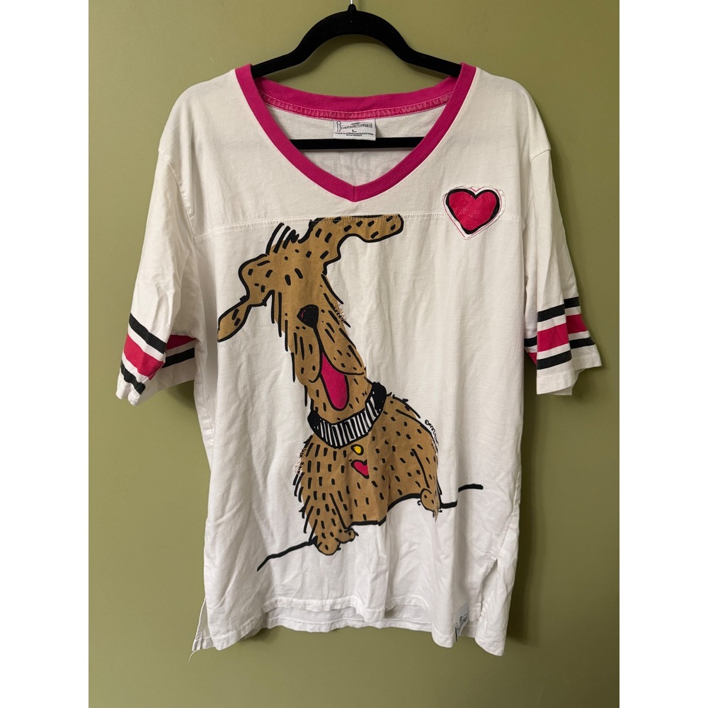 Emerson Street Dog Person Graphic T-Shirt Pink White V-Neck Large Cotton